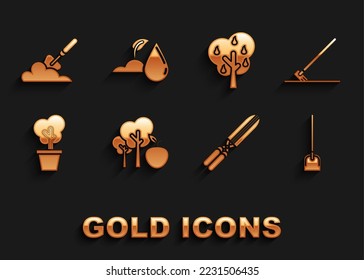 Set Tree with apple, Garden rake in work, Shovel, Gardening handmade scissors for trimming, pot, pears, trowel spade shovel the ground and Watering sprout icon. Vector