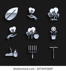 Set Tree with apple, Garden rake in work, Flower pot, Watering sprout, hand of environmental protection, Trees and Leaf icon. Vector