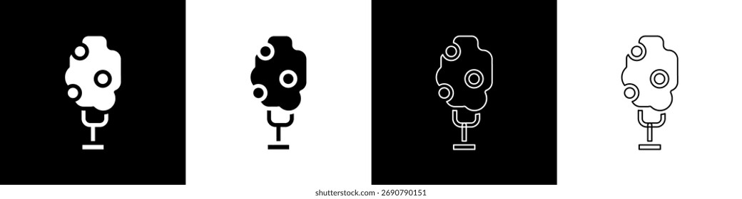 Set Tree with apple icon isolated on black and white background. Agricultural plant. Organic farm product. Gardening theme.  Vector