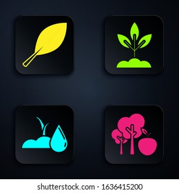 Set Tree with apple, Leaf, Watering sprout and Plant. Black square button. Vector
