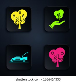 Set Tree with apple, Tree with pears, Lawn mower and Tree in hand of environmental protection. Black square button. Vector