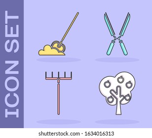Set Tree with apple, Shovel in the ground, Garden rake and Gardening handmade scissors for trimming icon. Vector