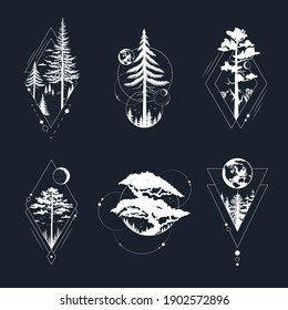 Set of tree badges with globe, oak, pine, moon and stars.. Geometric frames with forest for label or tattoo. Vector isolated hand drawn wanderlust prints.