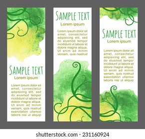 Set of tree banners with watercolor green and yellow foliage  on a white background. Eco wallpaper with hand draw paint splashes. 
