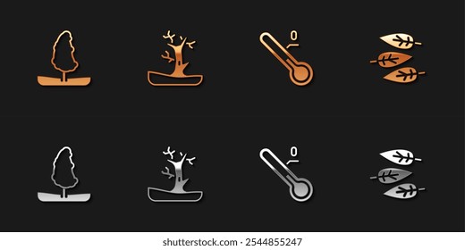 Set Tree, Bare tree, Meteorology thermometer and Leaf leaves icon. Vector