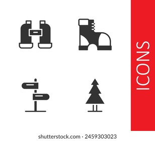 Set Tree, Binoculars, Road traffic sign and Hunter boots icon. Vector