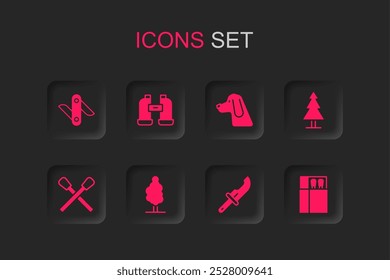 Árbol de conjunto, binoculares, cuchillo suizo del ejército, cazador, caja de cerillas abierta y fósforos, perro de caza y ardiendo con el icono de fuego. Vector