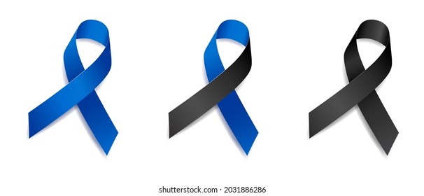 Set of tree blue and black ribbon awareness Arthritis, Hydrocephaly,  Education, Colon Cancer, Ocular Melanoma, Memorials, Skin Cancer. Isolated on white background. Vector illustration.