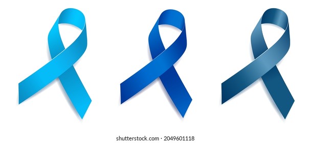 Set of tree blue ribbon awareness Arthritis, Men's health, Prostate cancer, Congenital and Genetic Diseases. Isolated on white background. Vector illustration.