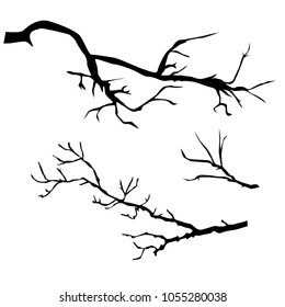 Set of tree branch silhouettes, black color isolated on white background