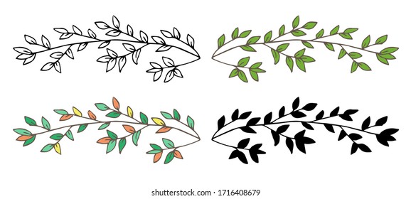 Baumstämme in verschiedenen Varianten - mit grünen Blättern, mehrfarbig, silhouette, Umrissfarbe. Vektorillustration Illustration, Design-Element.