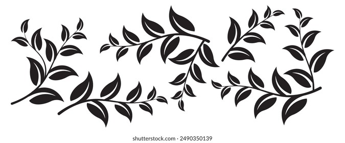 Set of tree branches, eucalyptus, leaves, herbs and flowers silhouettes.