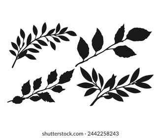 set of tree branches flowers silhouettes. black isolated white background