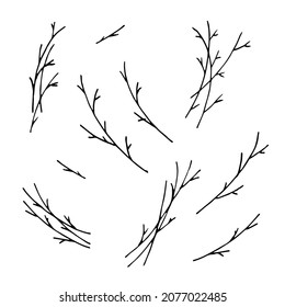 Set of tree branches isolated on the white background. Big collection of big and small sticks without leaves. Vector illustration in simple silhouette style