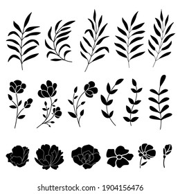 Set of tree branches with leaves, flowers. Simple vector illustration of silhouettes.