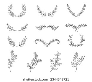 set of tree branches with leaves and flowers line style on white background