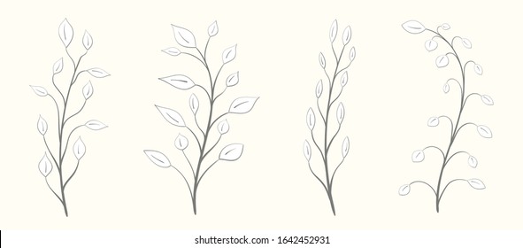 Set of tree branches with leaves, in gray of different sizes and shapes