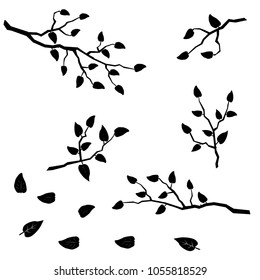 Set of tree branches silhouettes with leaves, black color, isolated on white background