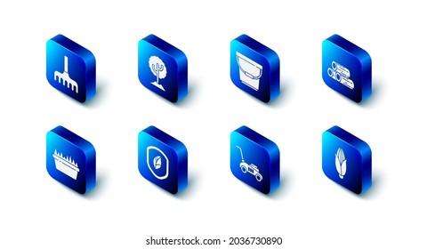 Set Tree, Bucket, Wooden logs, Corn, Lawn mower, Shield with leaf, Fresh grass in rectangular and Garden rake icon. Vector
