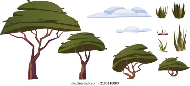 Set of tree, bush and grass