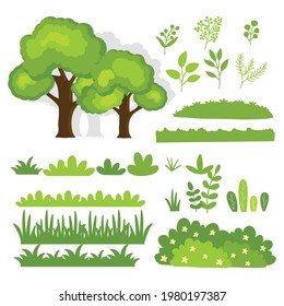 Set of tree, bush and grass hand drawn vector illustration.