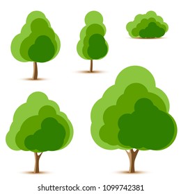 Conjunto de iconos de árbol y arbusto sobre un fondo blanco. Vector de ilustración.