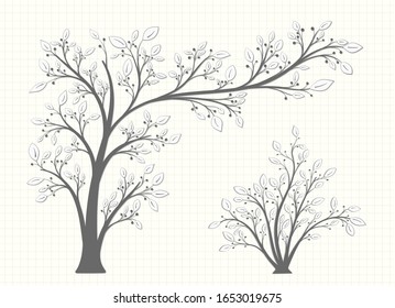 Set of tree and bush with leaves and berries in a gray tone in vintage style on a notebook page