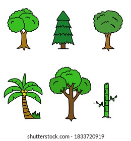 Set of tree cartoon illustration in cute hand drawn style isolated on white background 