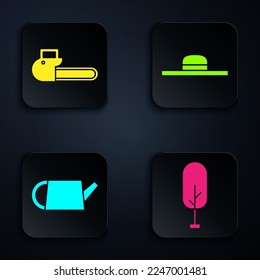Set Tree, Chainsaw, Watering can and Worker hat. Black square button. Vector