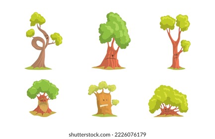 Conjunto de caracteres de árbol. Árboles verdes con caras graciosas ilustración vectorial de dibujos animados