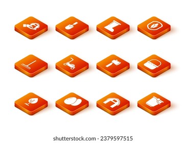 Set Tree, Chicken egg, Garden rake, Lawn mower, Farm house, Wooden axe, Bucket and Basket icon. Vector