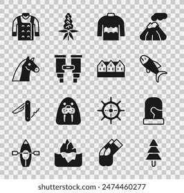 Set Tree, Christmas mittens, Fish, Sweater, Binoculars, Horse,  and Norwegian wooden house icon. Vector