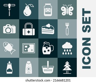 Set Tree, Cloud with rain, Fork, Jam jar, First aid kit, Photo camera, Wine corkscrew and Piece of cake icon. Vector