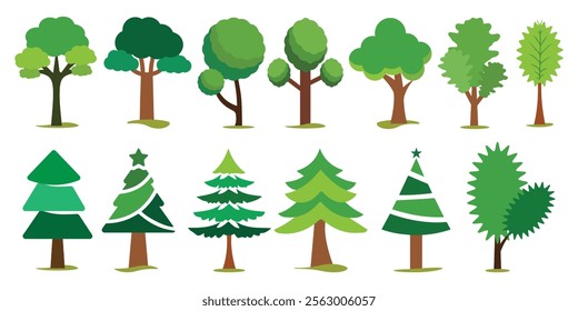 Set of tree collection hand drawn flat design vector element. botanical set of bare trees and ones with leaves and lush green illustration