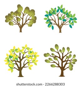 set of tree collection vector isolated on white. nature, plant, garden, park, forest, tree, branch, leaf, leaves, green, yellow, black, vector illustration