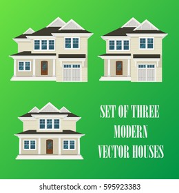 Set of tree detailed modern cottage houses. Flat style buildings with shadows. Layered vector illustration.