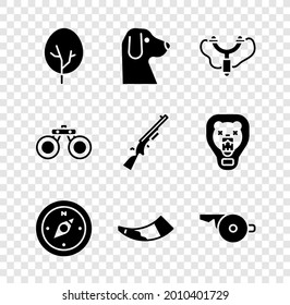 Árbol, Perro, Slingshot, brújula, cuerno de caza, Silbato, Binoculares e ícono de escopeta. Vector