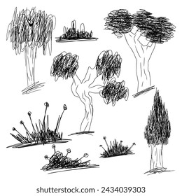 Set of tree doodle illustration Hand drawn Sketch line vector. Set Scribble Tree.