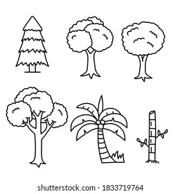 Set of tree doodle illustration isolated on white background suitable for coloring page too
