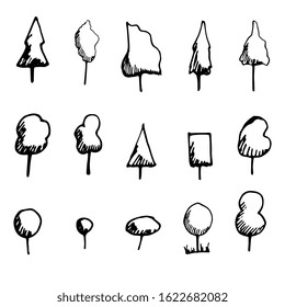 Set of tree doodles. Trees in the style of minimalism, geometric shapes. Isolated on white background