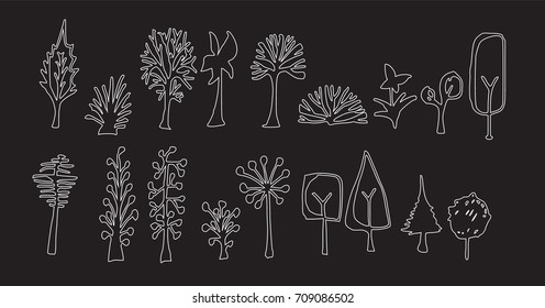 Set of tree doodles vector line on chalkboard