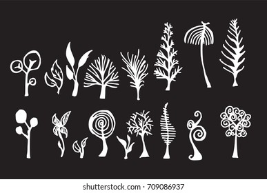 Set of tree doodles vector line on chalkboard