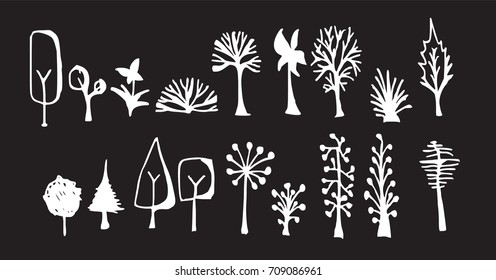 Set of tree doodles vector line on chalkboard