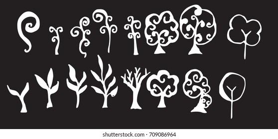 Set of tree doodles vector line on chalkboard