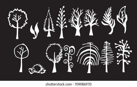 Set of tree doodles vector line on chalkboard