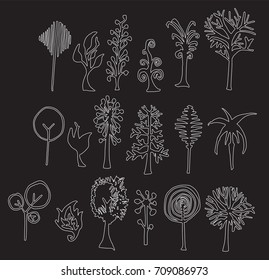 Set of tree doodles vector line on chalkboard