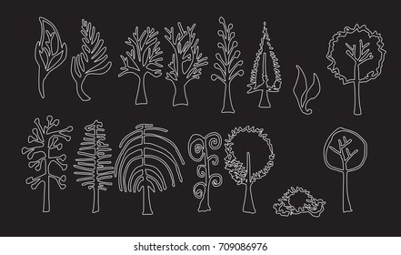 Set of tree doodles vector line on chalkboard