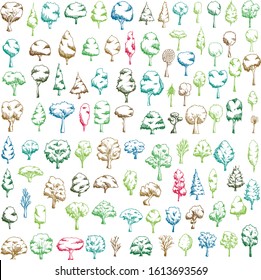 Conjunto de ilustraciones de dibujo de árbol Dibujo con forma de mano Dibujo de dibujo de dibujo vectorial de línea de esbozo de doodle dibujado