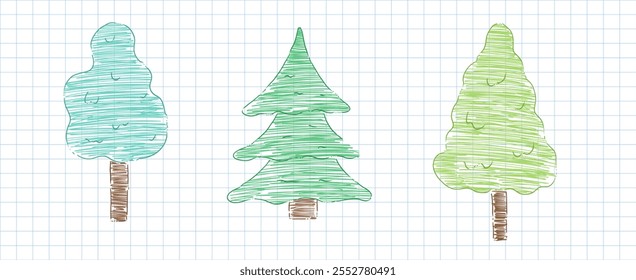 Set of tree drawing with pencil texture on checkered background