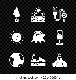 Set Tree, Drought, Electric saving plug in leaf, Earth globe, Earthquake, Volcano eruption with lava, Sun and stump icon. Vector